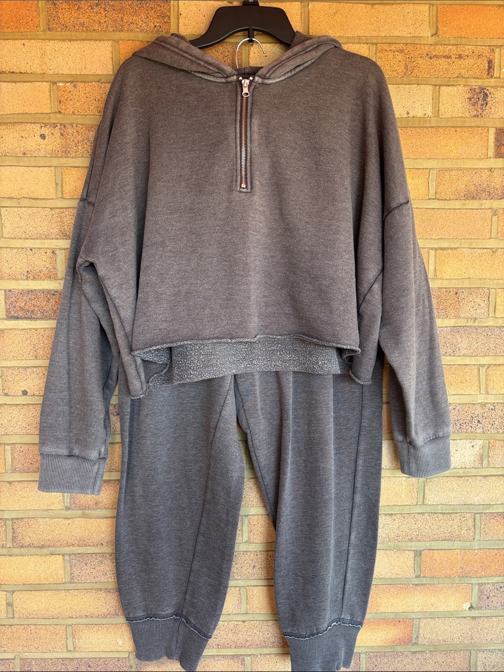 aerie 2 Piece Brown Jogging Set Cropped Half Zip Hooded Top Drawstring Pants XL